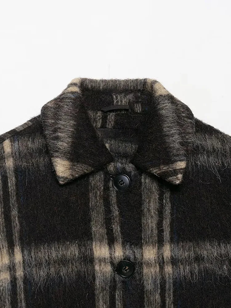 Plaid Rundhals Frauen Kurze Jacke Elegante Oversize Volle Ärmel Zweireiher Mantel 2024 Neue Herbst Winter Pendeln Outcoat Top