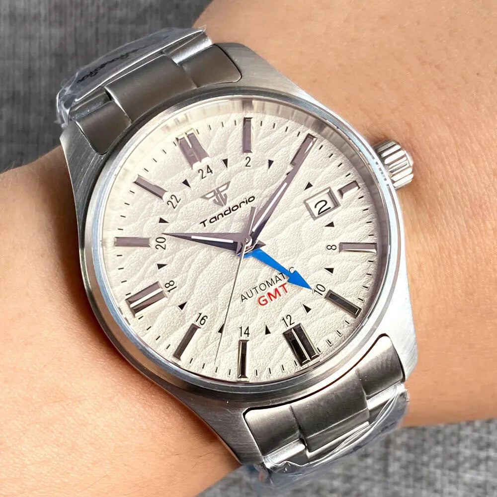 Tandorio Japan NH34 automatische mechanische Uhr für Herren, Taucher-GMT-Uhrwerk, 200 m wasserdicht, 39 mm Saphirglas-Lederband