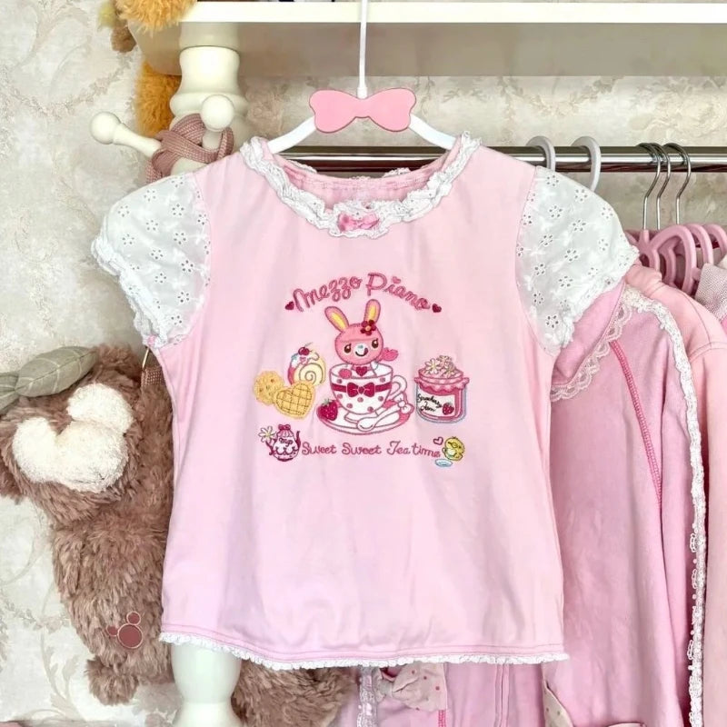 Japanische Kawaii Crop Tops Cartoon Print Harajuku Lolita Kurzarm T-shirts Frauen Y2k Ästhetische Dünne T Vintage Fee Grunge
