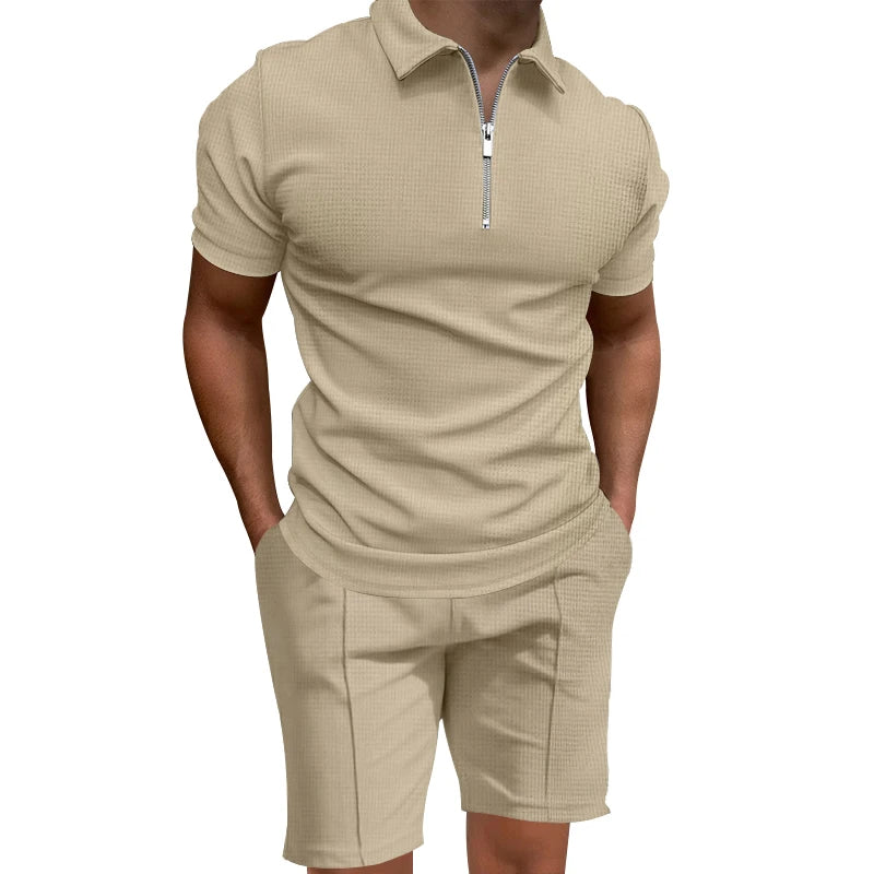 Grenzüberschreitendes  Sommer-Herren-Poloshirt-Set, einfarbig, Waffel, kurzärmelig, schmales Revers-T-Shirt, lässiges Herren-Set
