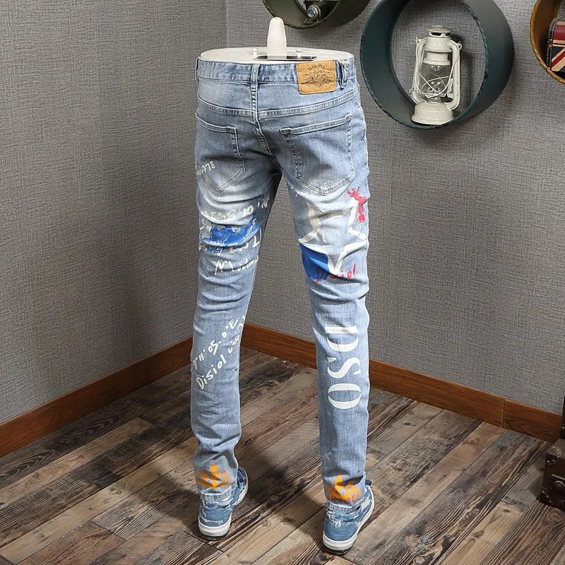 Designer-Mode,Herren-Jeans, mit Buchstaben bedruckt, gewaschen, nostalgisch, Stretch, schmale Passform, Retro, hellblaue Jeans, Hip-Hop-Marke, hohe Qualität