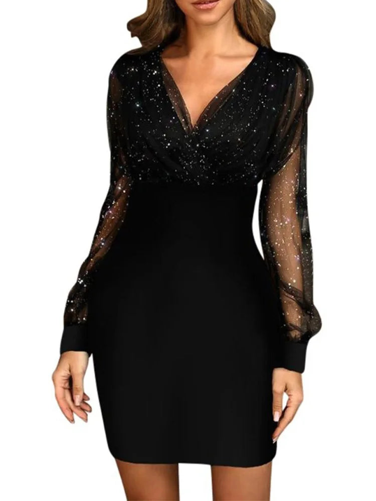 Sexy V-ausschnitt Durchsichtig Langarm Kleid Frauen Frühling Herbst Neue Jahr Party Mini Kleider vestidos cortos
