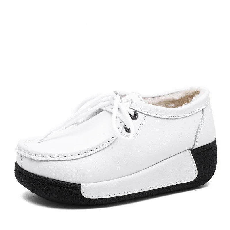 Winter Schuhe Aus Echtem Leder Frauen Flache Plattform Schuhe Casual Frauen Müßiggänger Plüsch Frauen Slip-on Sneakers für Frauen
