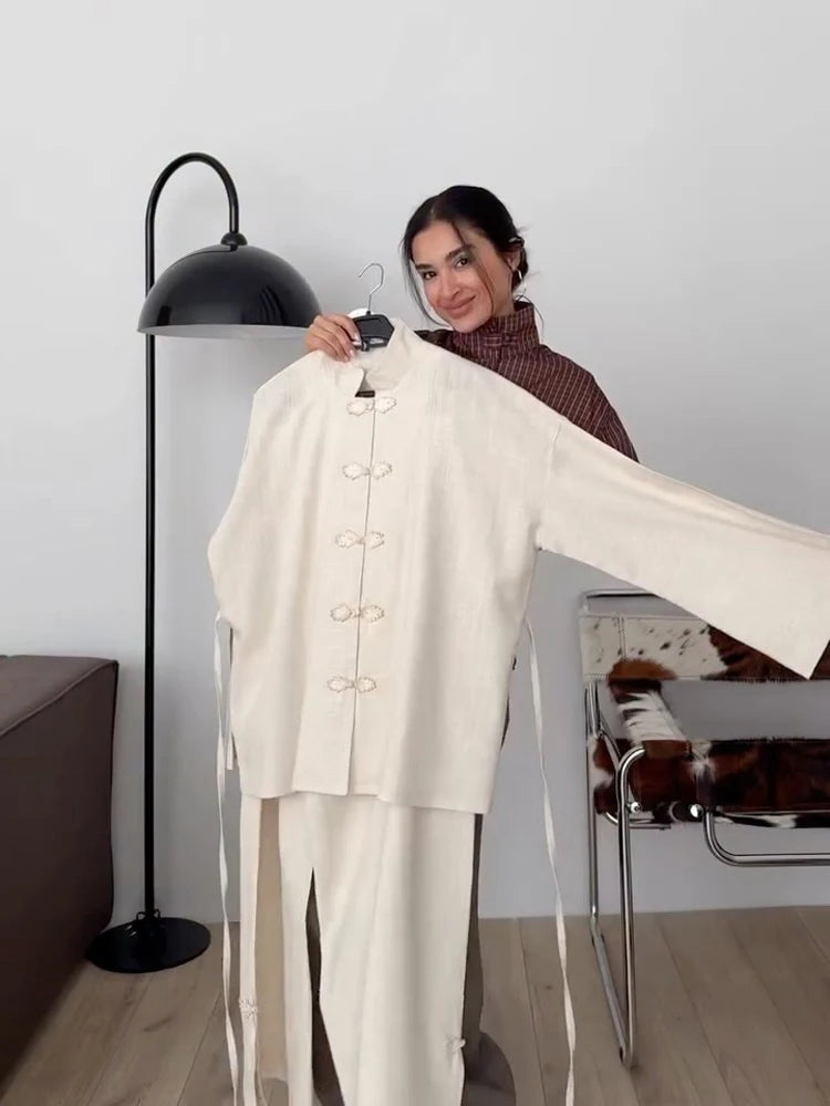 Lässiges chinesisches Hemd-Hosen-Set für Damen: Stehkragen, Langarm, Einreiher, lockere Hemden und Hosen, Streetwear-Outfit für Damen