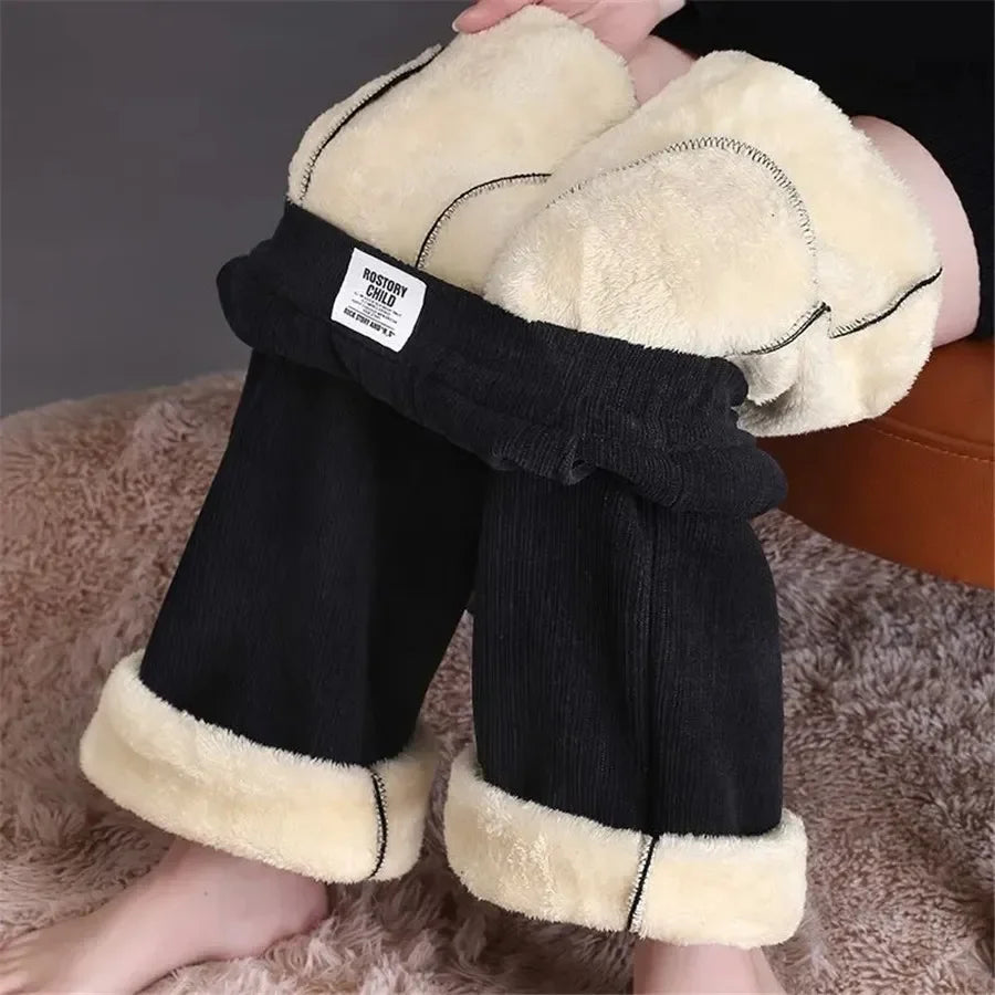 Dünne/Dicke Winter Gefüttert Breite Bein Hosen CasualThicken Warme Baggy Jogginghose Frauen HighWaist Koreanische Lamm Flusen Gerade Pantalones