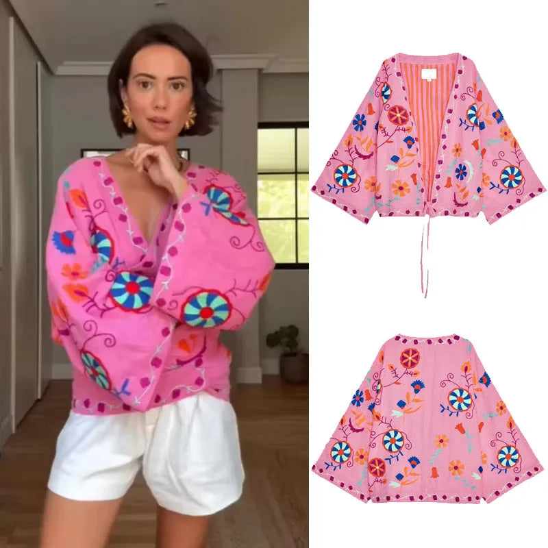 Chic Gestickte Druck frauen Jacke Mode V-ausschnitt Langarm Spitze Up frauen Mäntel 2025, Herbst Neue Dame Streetwear oberbekleidung