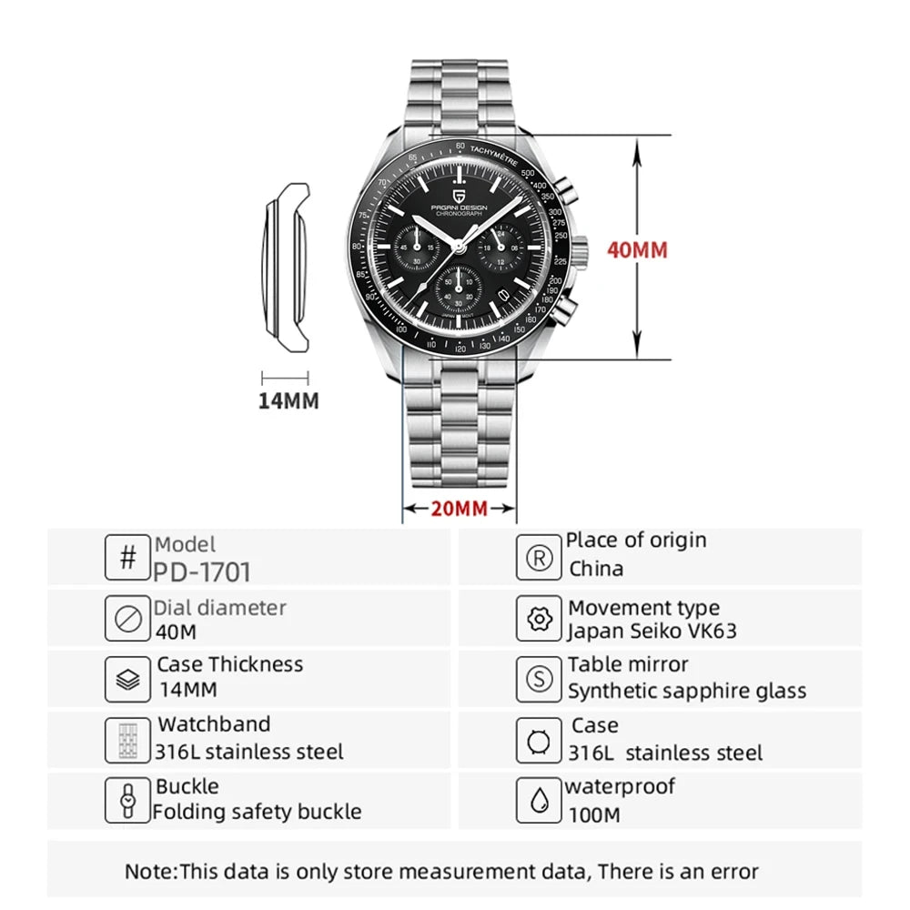 PAGANI DESIGN 2026 New Moon Herrenuhren, Luxus-Quarzuhr für Herren, VK63, Chronograph, AR-Saphirspiegel, Keramiklünette, leuchtend
