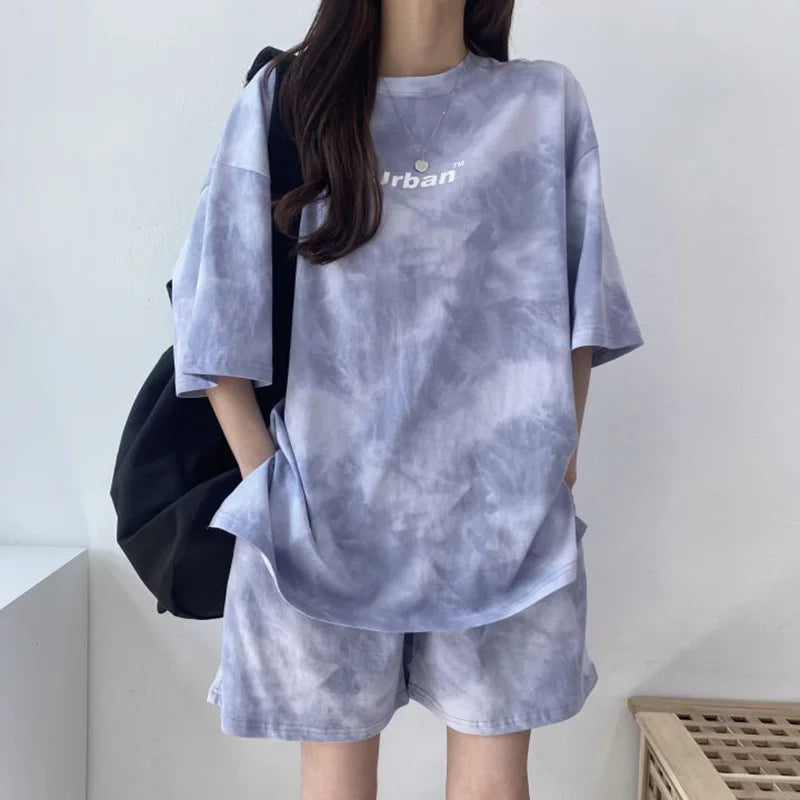 2-teiliger Anzug für Damen, T-Shirt, Shorts, Batikmuster, lockeres T-Shirt und mittlere Shorts mit weitem Bein und Taschen, weiblich, lässig, weich, Sommer-Sets