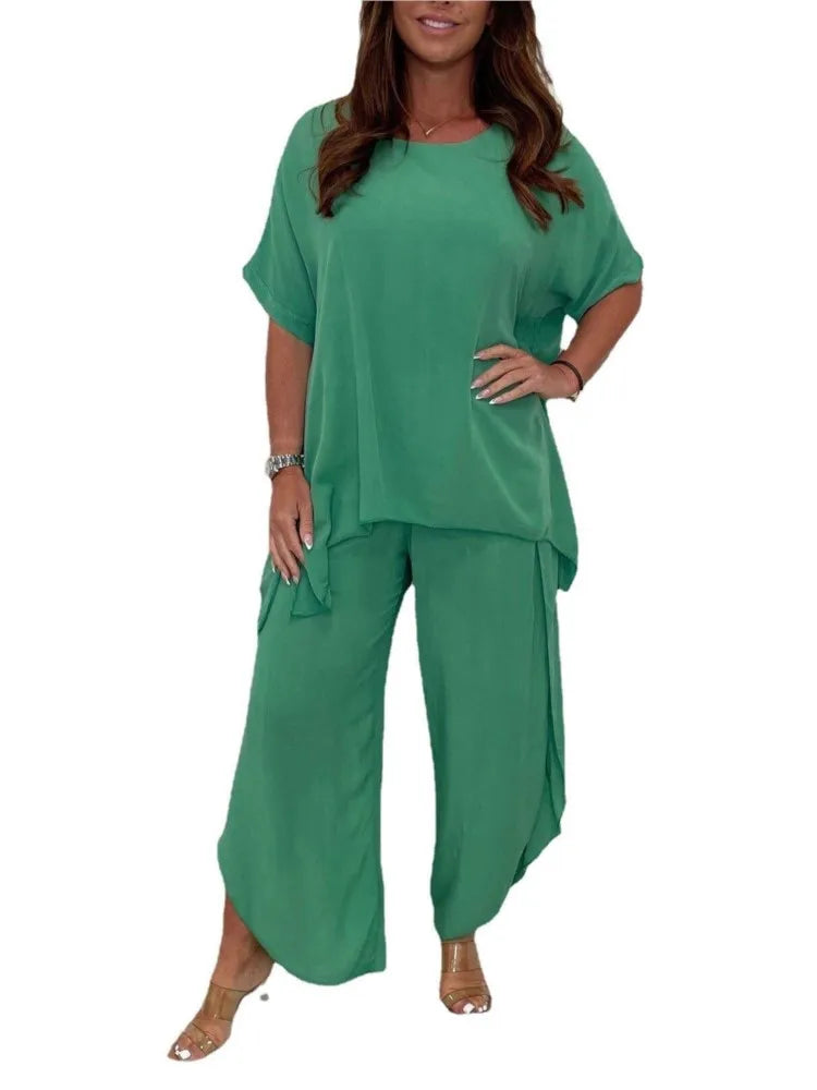 Angebot 15,eur, Einfarbige Hose setzt Frauen kurze Ärmel o Hals T-Shirt und lockere Hose mit weitem Bein zweiteilig Set Mode lässig Dame Anzug