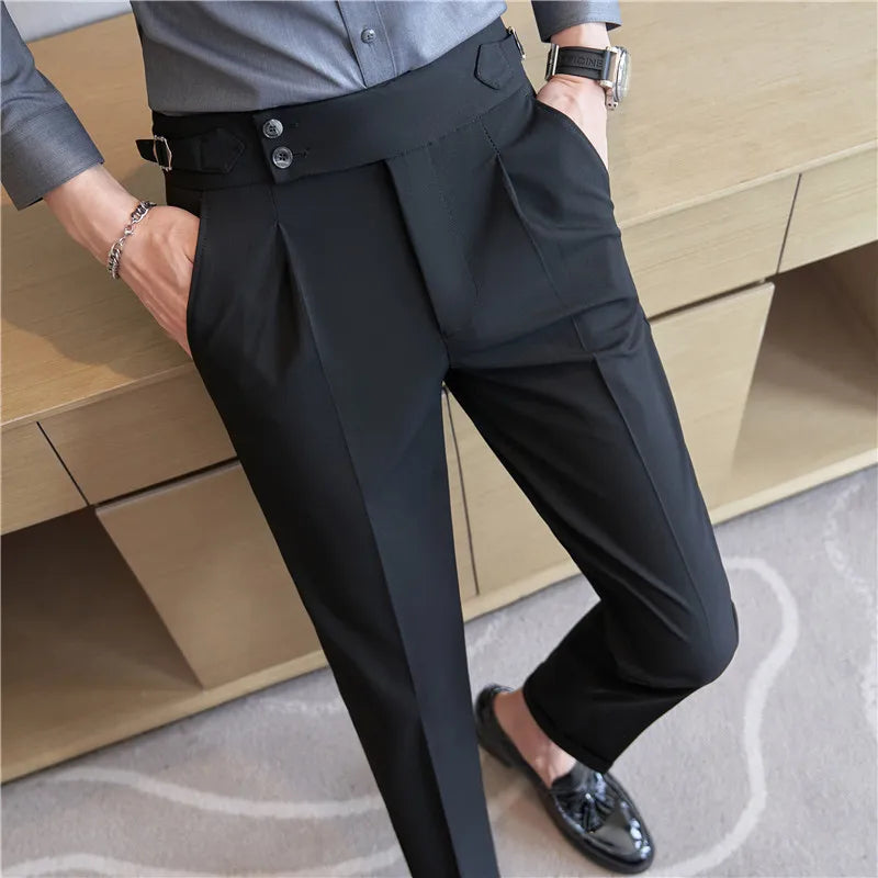 2026 Frühling Herbst Männer Hohe Taille Gürtel Design Beiläufige Dünne Formale Kleid Hose Männer Sozialen Büro Hochzeit Party Kleid Anzug Hosen