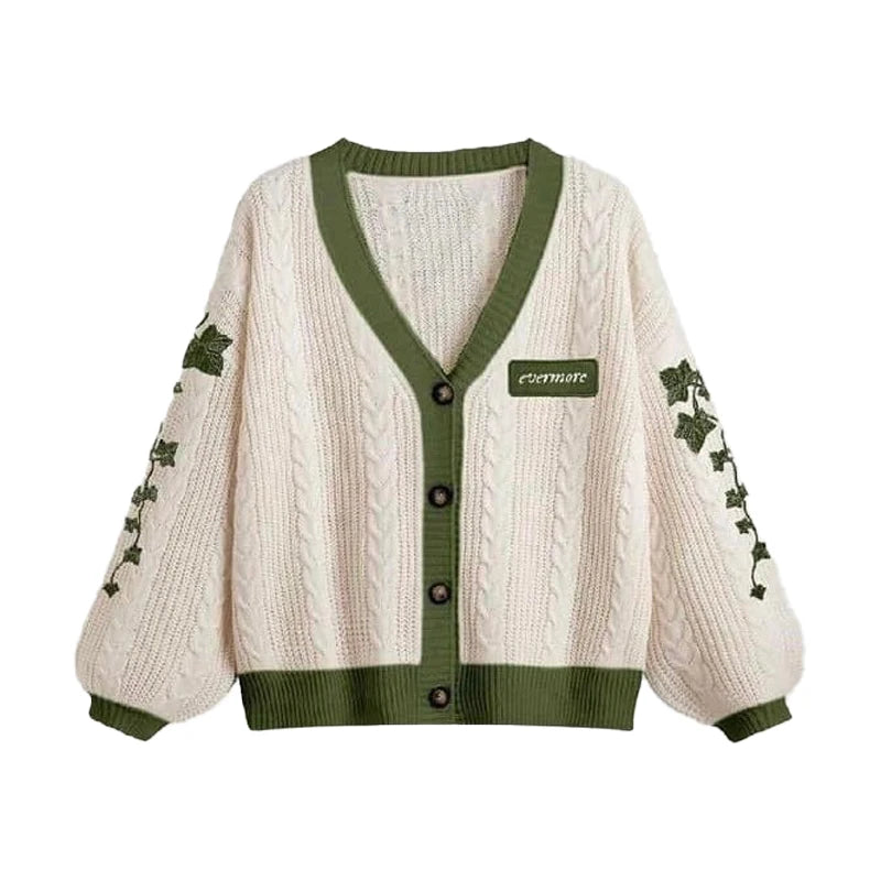 Evermore Cardigan Taylor Version Green Vine bestickter Button-Down-Pullover mit Zopfmuster für Damen, Herbst-Winter-Vintage-Outfit