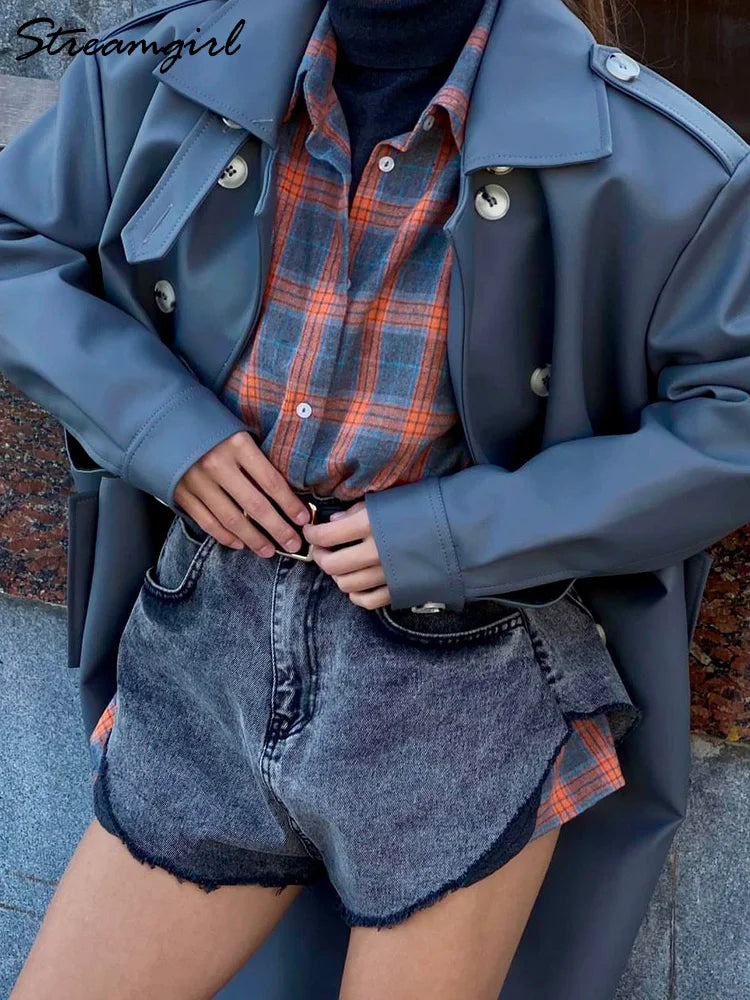 Streamgirl Übergroßes Kariertes Hemd für Damen, 2026, Frühling, lose Vintage-Langhemden, volle Ärmel, Damen, kariertes braunes, übergroßes Hemd, Blau