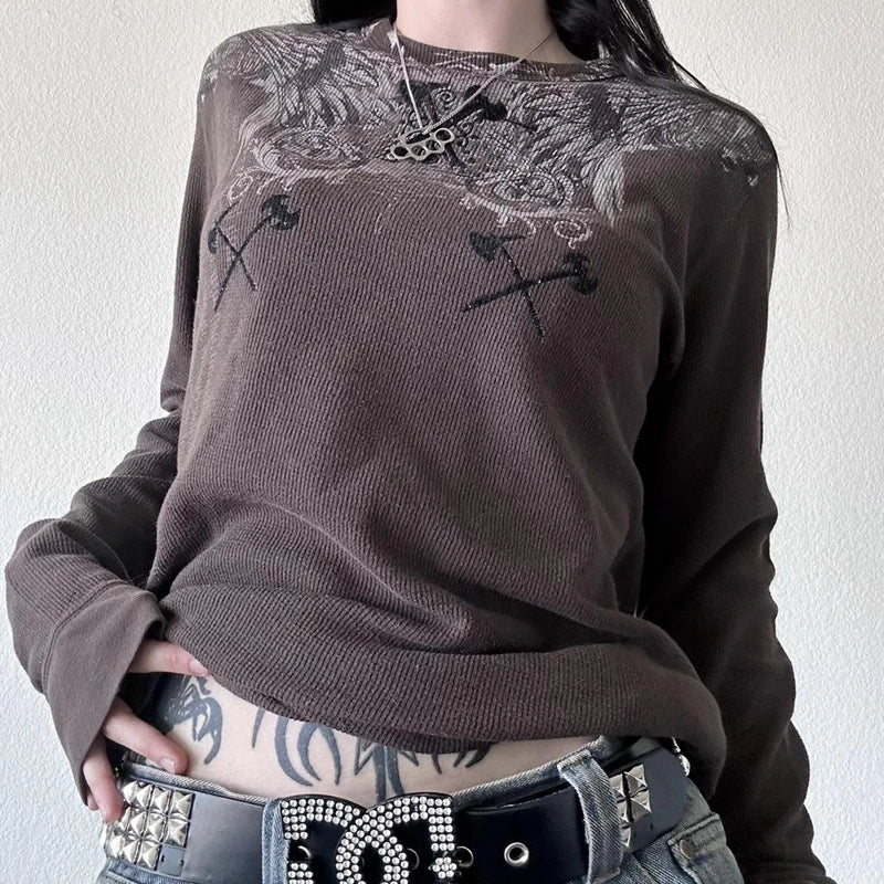 Grunge Cyber Mall Goth Thermo T-Shirt Totenköpfe Grafikdruck Langarm Pullover Tops Damen 90er Jahre Vintage Ästhetische T-Shirts