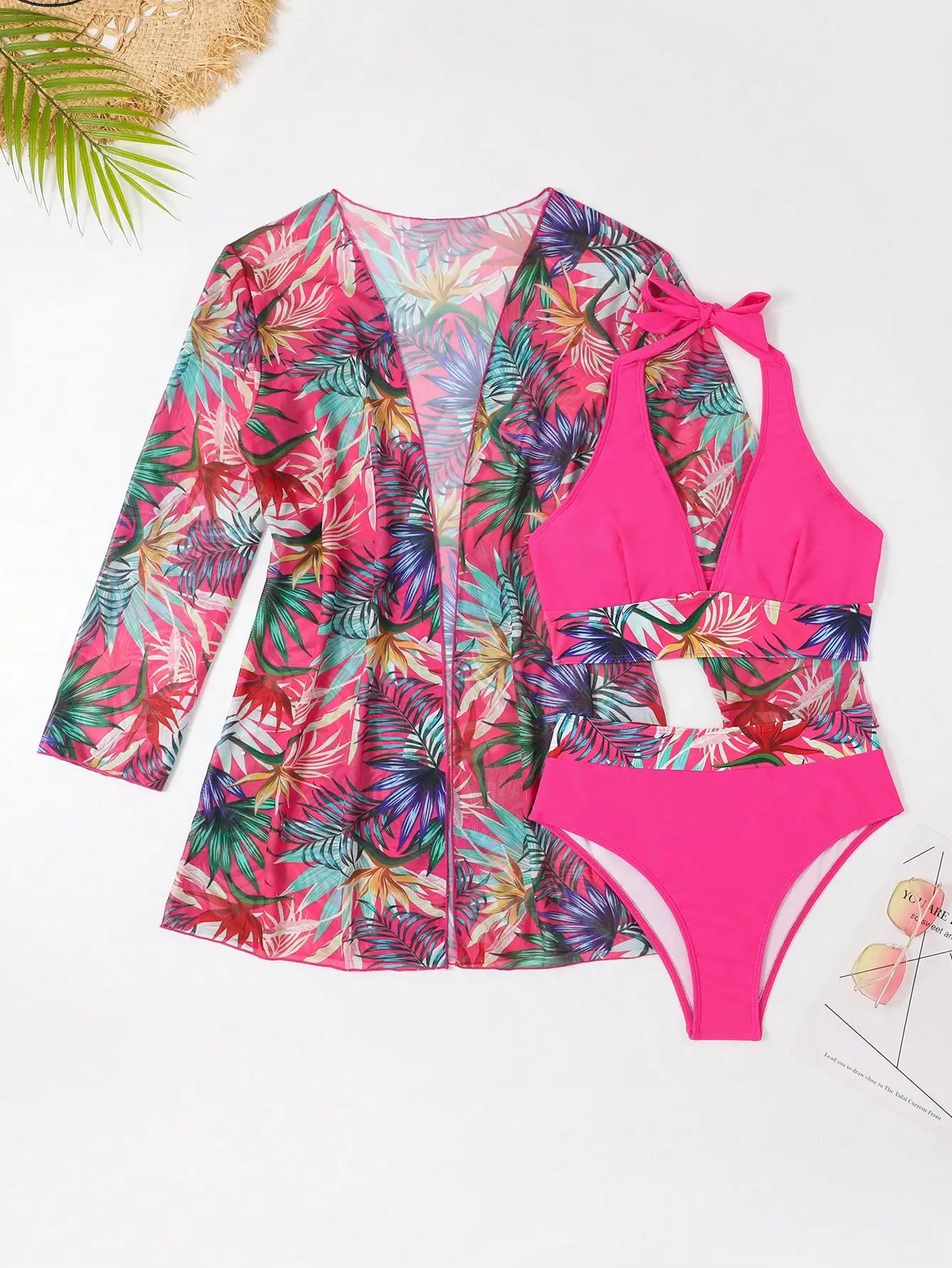 Halter-Print-Bikini 2026 Damen-Badeanzug mit Kimono, hochtaillierte Bademode, Damen-Badeanzug, Schwimmanzug, Strandmode