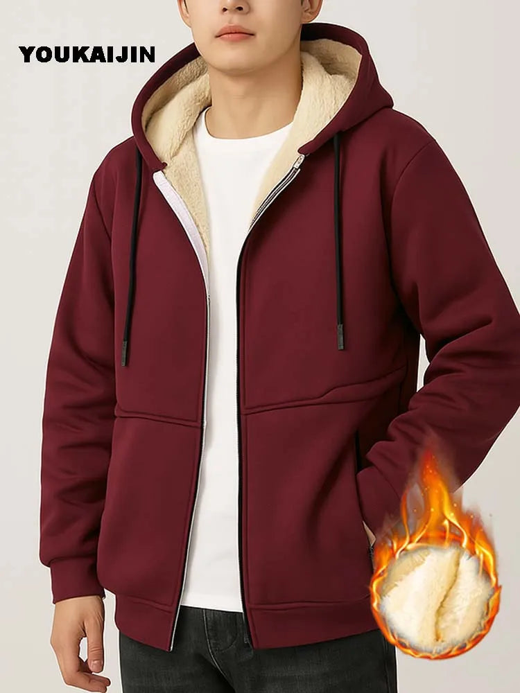 Warmer Fleece-Kapuzenpullover für Herren, Herbst und Winter, mit Sherpa gefüttert, durchgehender Reißverschluss, einfarbig, Sweatshirt-Jackenmantel