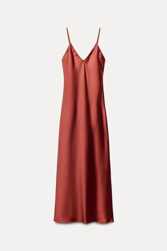 Neues elegantes Damen-Midikleid aus Seidensatin mit sexy Rückenausschnitt für Partys.