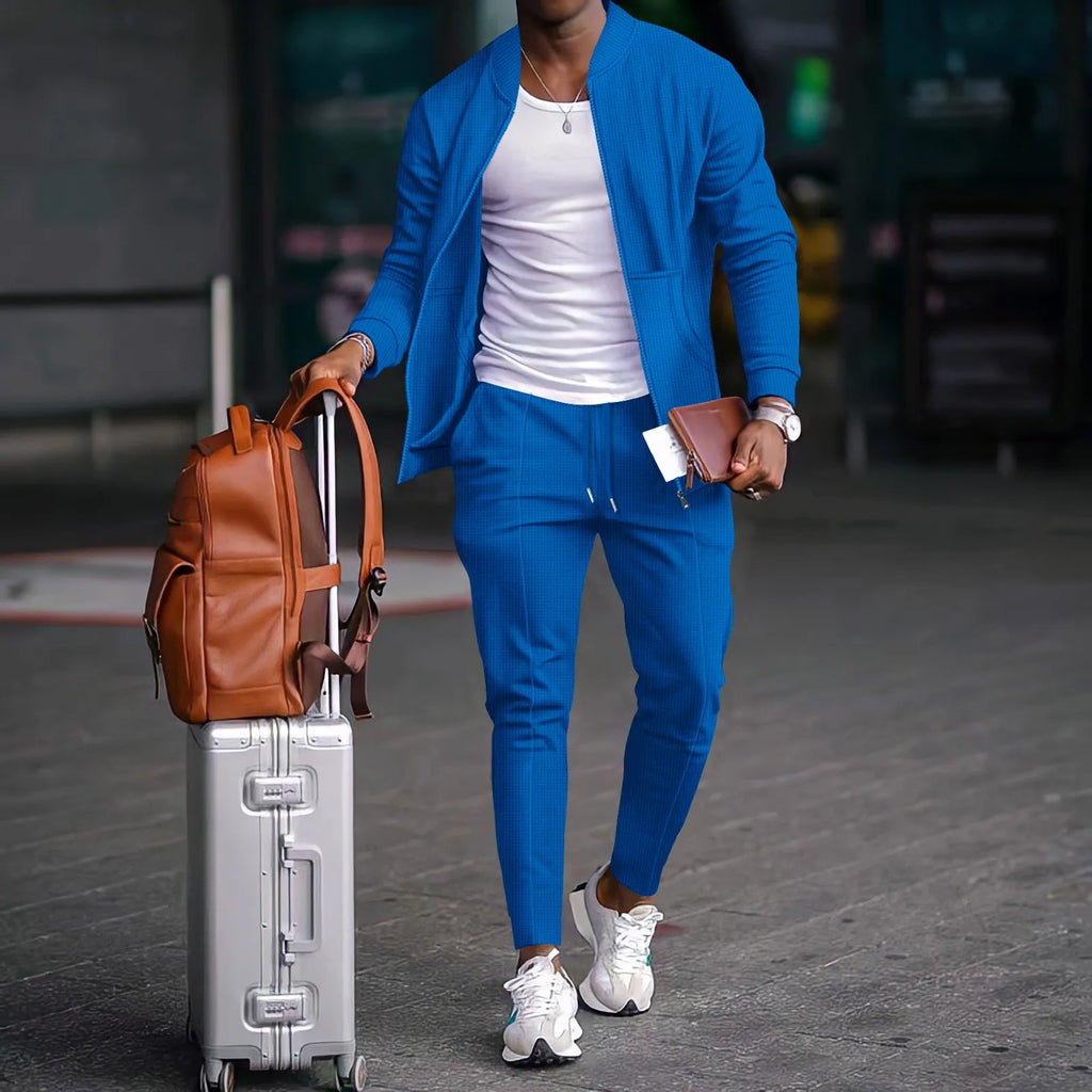 Herrenbekleidung 2026, Neue Frühlings- und Herbst : Stehkragen-Set in Unifarben, Baseball-Casual-Stil, Waffelstruktur-Hose, Zweiteiliger Anzug