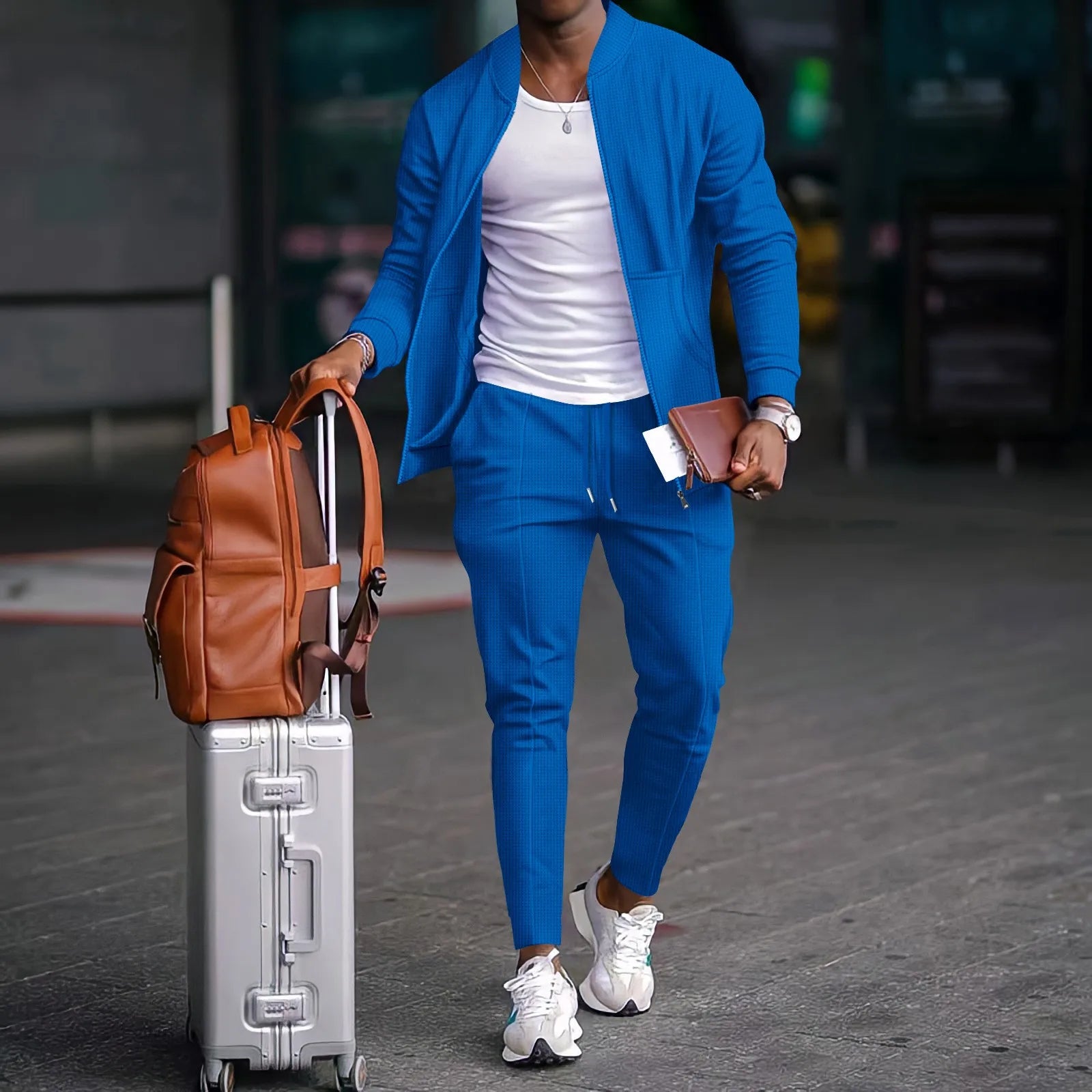 Herrenbekleidung 2026, Neue Frühlings- und Herbst : Stehkragen-Set in Unifarben, Baseball-Casual-Stil, Waffelstruktur-Hose, Zweiteiliger Anzug