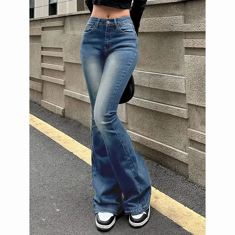 2026 Mädchen Concise Ins Hohe Taille Ausgestellte Jeans Weibliche Stretchy Bootcut Denim Hosen Frauen Einfarbig Dünne Schlaghosen