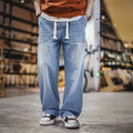 Maden Herren-Jeans aus gewaschenem Denim, weites Bein, gerade geschnitten, elastischer Bund mit Kordelzug, lockere Passform, Freizeithose für Frühling und Herbst