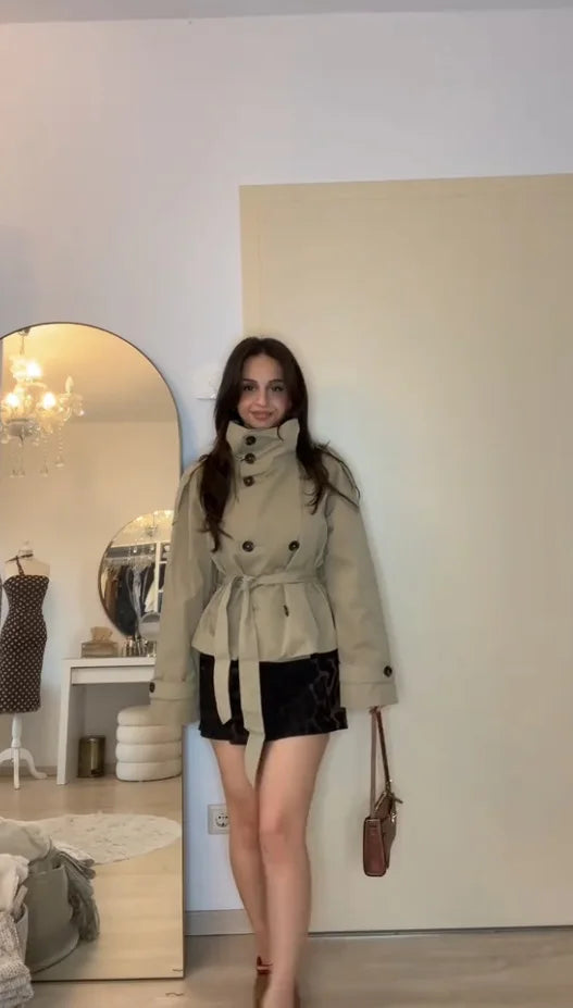 Gürtel Taille Abgeschnitten Graben Jacken Frauen Zweireiher Stehkragen Mäntel 2025, Herbst Chic Casual Vintage Jacke Frauen Tuch