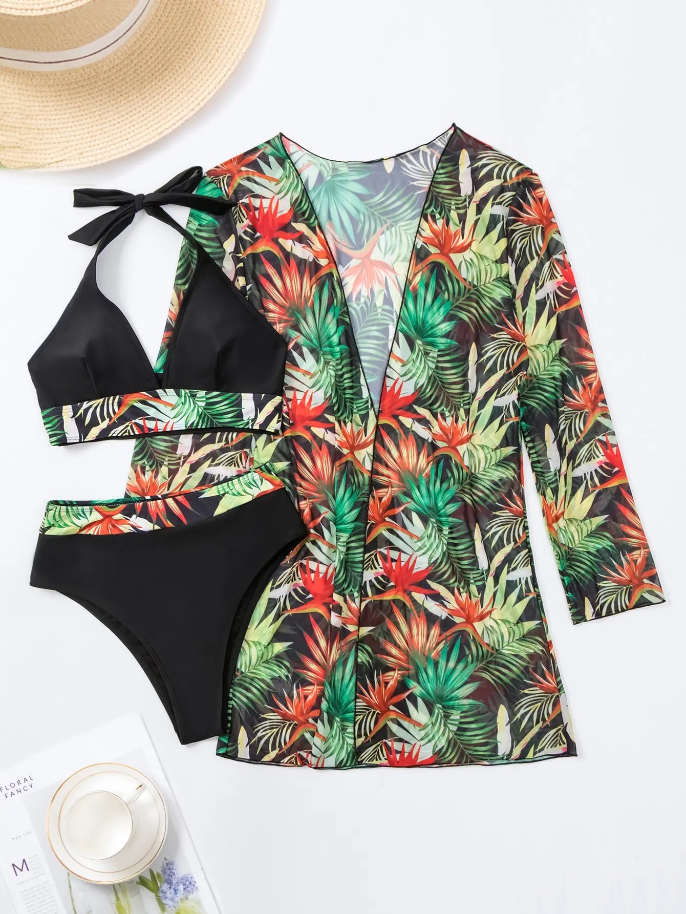 Halter-Print-Bikini 2026 Damen-Badeanzug mit Kimono, hochtaillierte Bademode, Damen-Badeanzug, Schwimmanzug, Strandmode