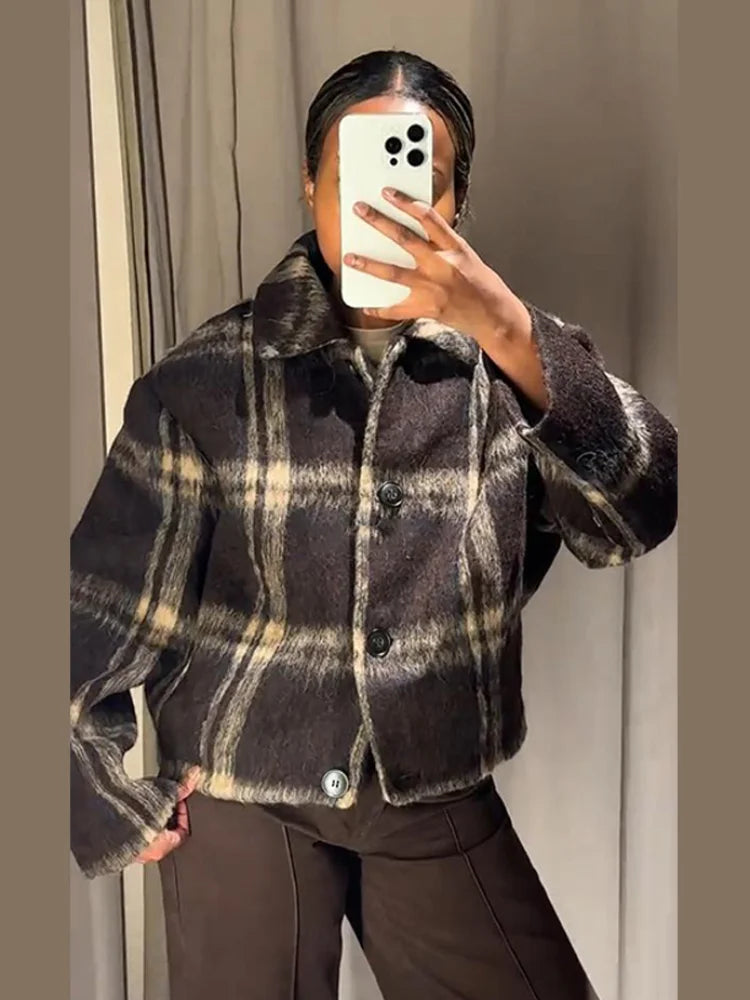 Plaid Rundhals Frauen Kurze Jacke Elegante Oversize Volle Ärmel Zweireiher Mantel 2024 Neue Herbst Winter Pendeln Outcoat Top