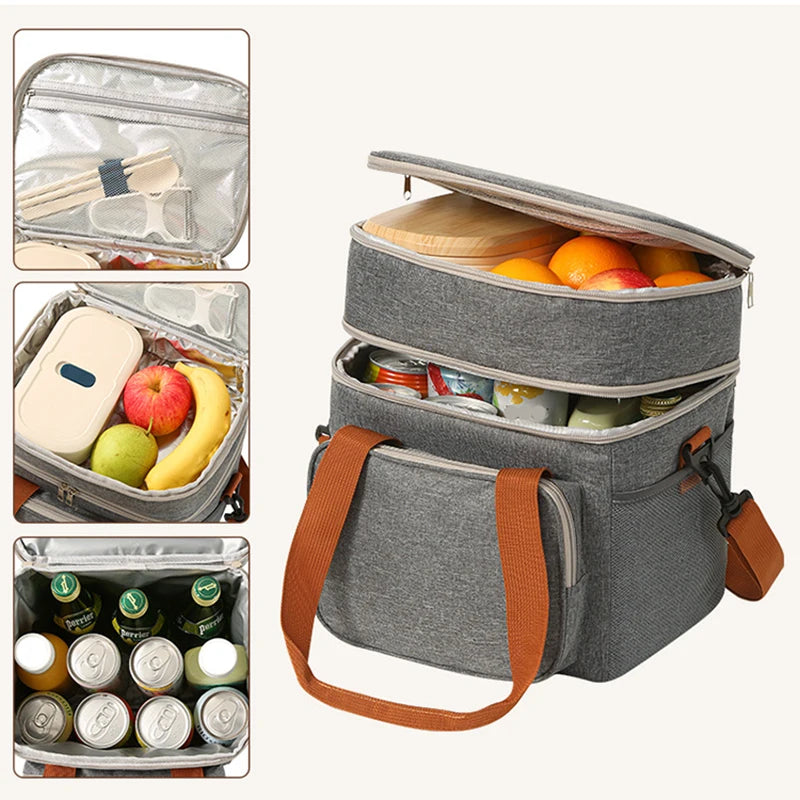 Doppelschichtige Lunch-Taschen Tragbare Picknick-Lebensmittel-Aufbewahrungstasche Große Kapazität Isolierte Kühltasche Umhängetasche Lunchbag Schultertaschen