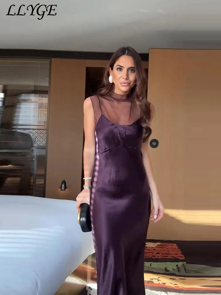Durchsichtiges Mesh-Satin-Patchwork-langes Kleid für Damen, halbhoher Kragen, ärmellos, rückenfrei, Kleider 2026, Frühlingsdame, Party-Roben 2023
