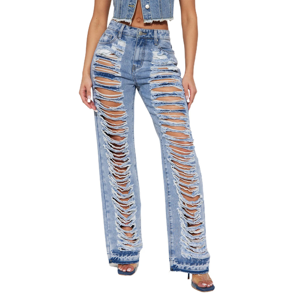 Angebot ,Jeans Frauen Denim Hose Lange Flare Hosen Loch Mom Jeans Slim Fit Hohe Taille Y2k Streetwear Splice Gerade Hosen Party Club