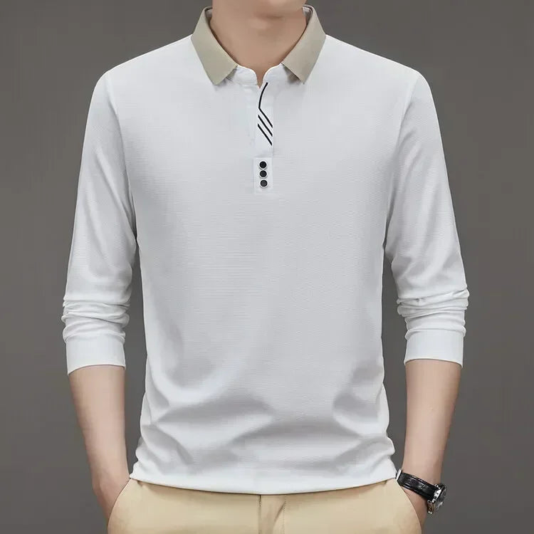 Herren Langarm Umlegekragen Waffel T-Shirt Business Casual Poloshirt T-Shirt