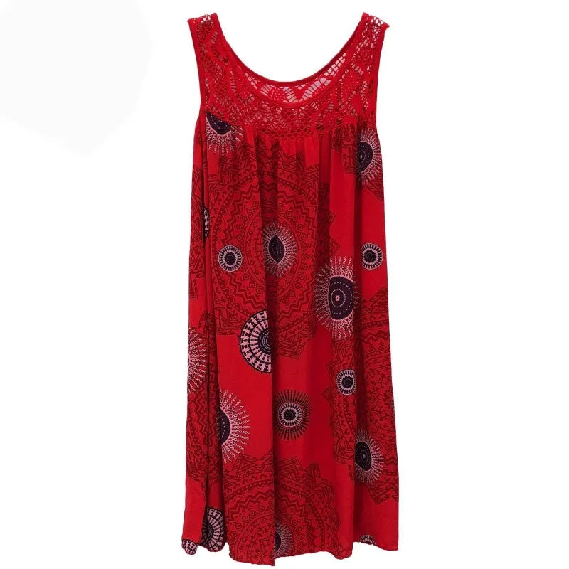 Damenbekleidung, Sommer, ärmelloses Leibchenkleid, Spitzendruck, ärmellos, große Schaukel, lockeres sexy Kleid, langer Rock, Übergröße