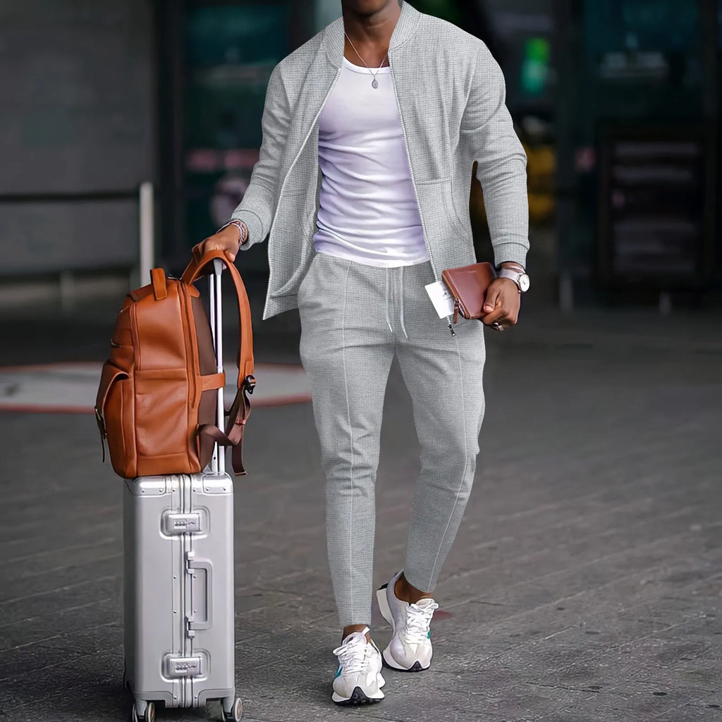 Herrenbekleidung 2026, Neue Frühlings- und Herbst : Stehkragen-Set in Unifarben, Baseball-Casual-Stil, Waffelstruktur-Hose, Zweiteiliger Anzug