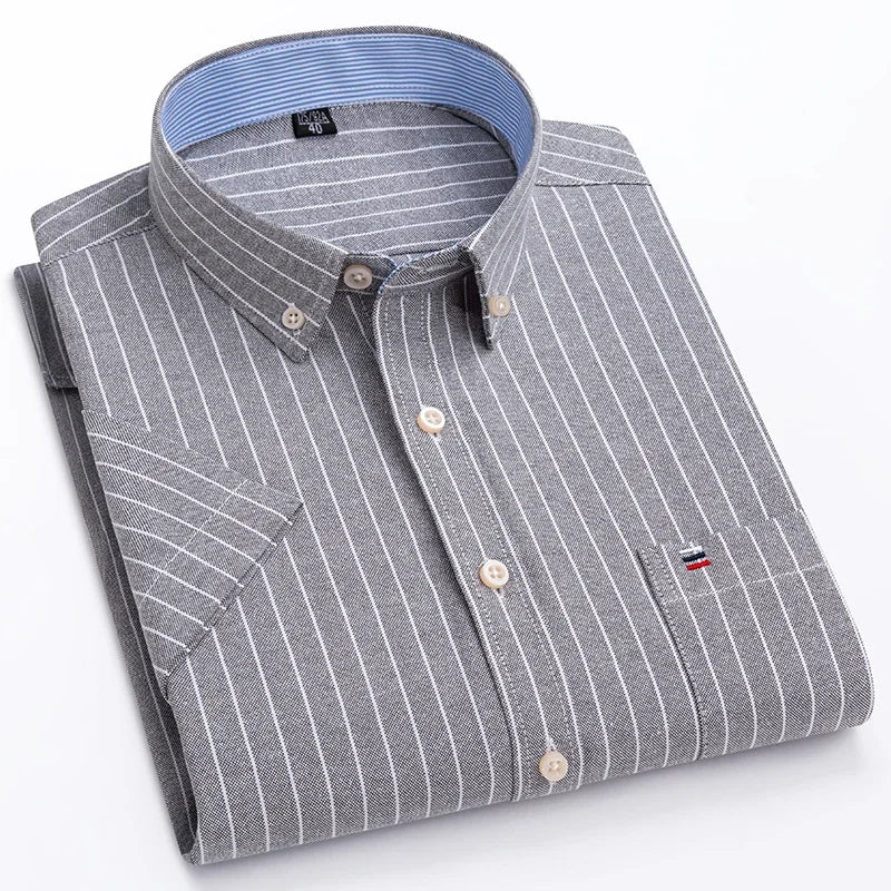 100% Baumwolle Atmungsaktiv Männer Oxford Kurzarm Sommer Plaid Shirts Gestreiften Männliche Kleidung Business Regular Fit Übergroßen