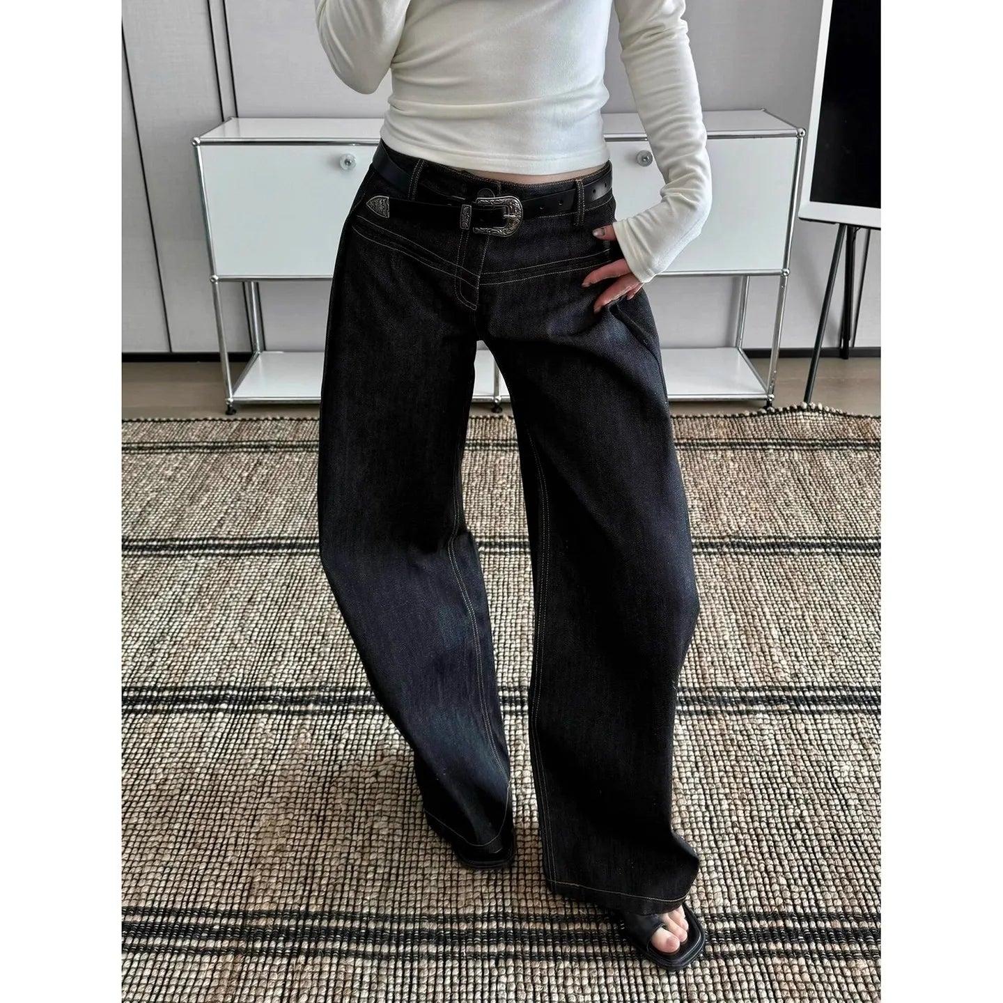 Baggy Denim Hose Washed Vintage High Waist Solid Casual Minimalist Hose Grunge Übergroße Street Retro Jeans
