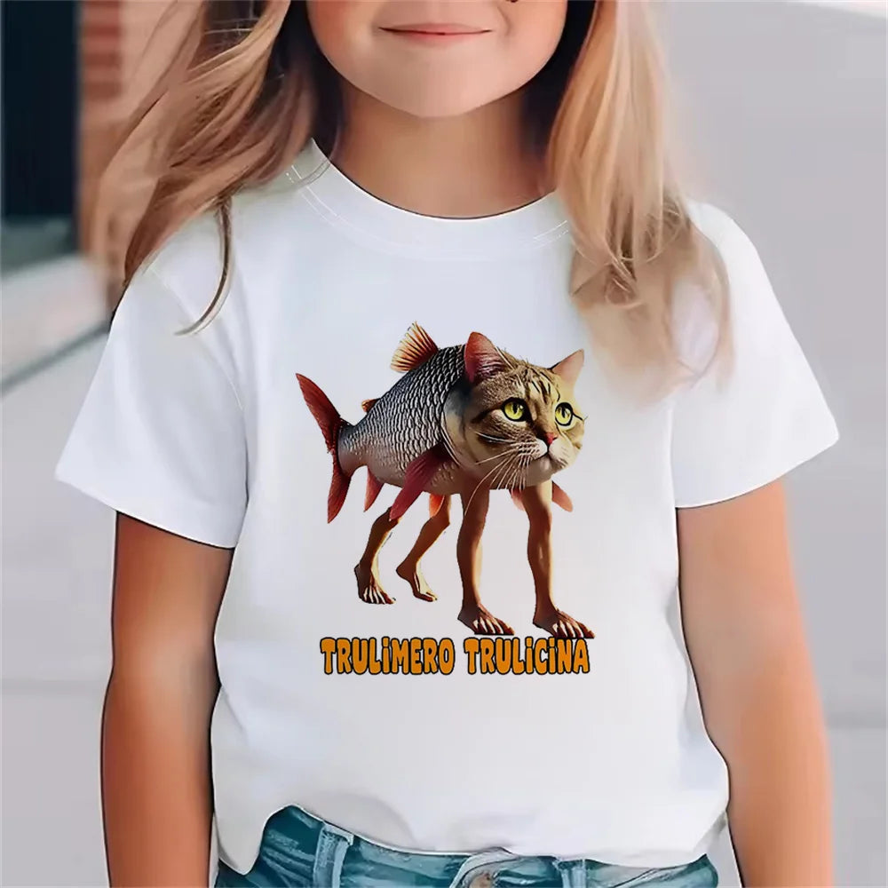 Italienische Brainrot Tiere Kinder Tung Tung Sahur Kurzarm Tops für Kinder Lustige Meme T-Shirt Sommerkleidung