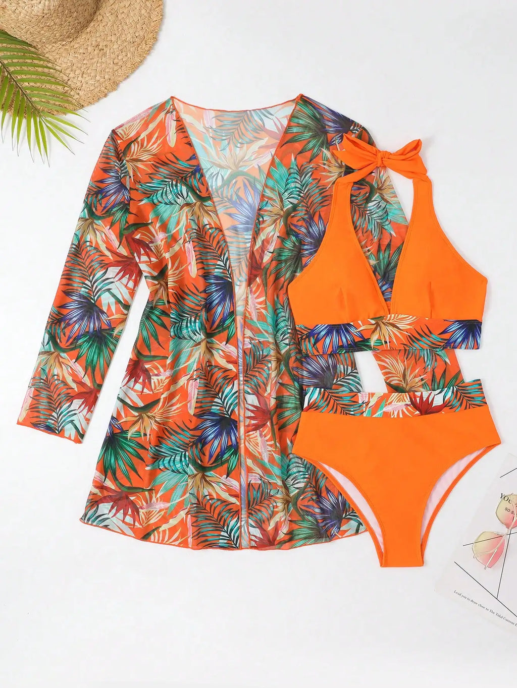 Halter-Print-Bikini 2026 Damen-Badeanzug mit Kimono, hochtaillierte Bademode, Damen-Badeanzug, Schwimmanzug, Strandmode
