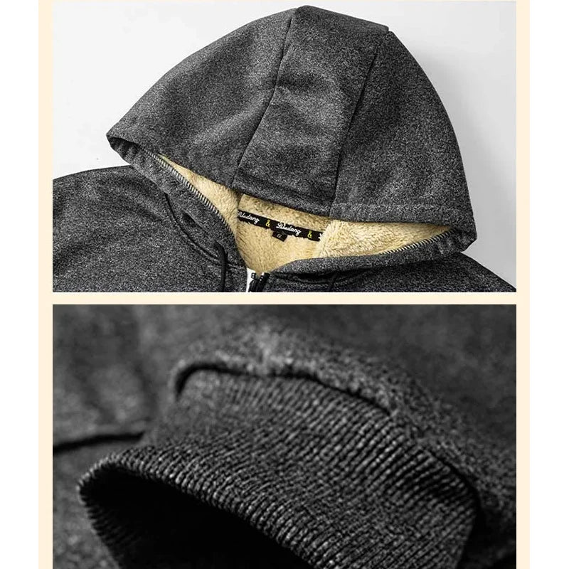 Warmer Fleece-Kapuzenpullover für Herren, Herbst und Winter, mit Sherpa gefüttert, durchgehender Reißverschluss, einfarbig, Sweatshirt-Jackenmantel