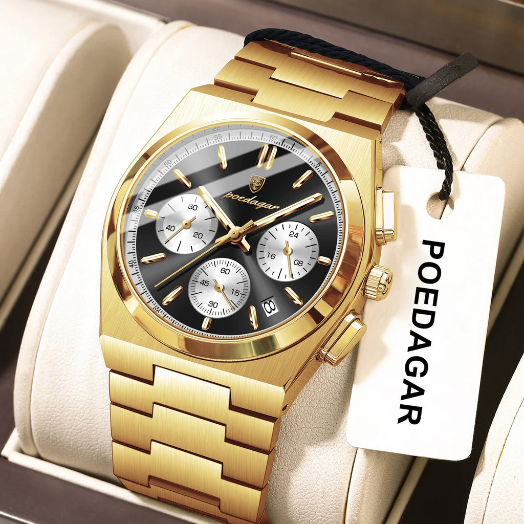 POEDAGAR Top Mode Mann Armbanduhr Chronograph Datum Edelstahl Business Männer Uhr Wasserdicht Leucht männer Quarz Uhren