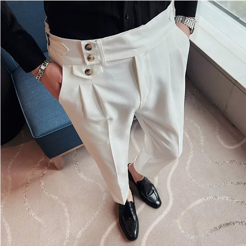 2026 Frühling Herbst Männer Hohe Taille Gürtel Design Beiläufige Dünne Formale Kleid Hose Männer Sozialen Büro Hochzeit Party Kleid Anzug Hosen