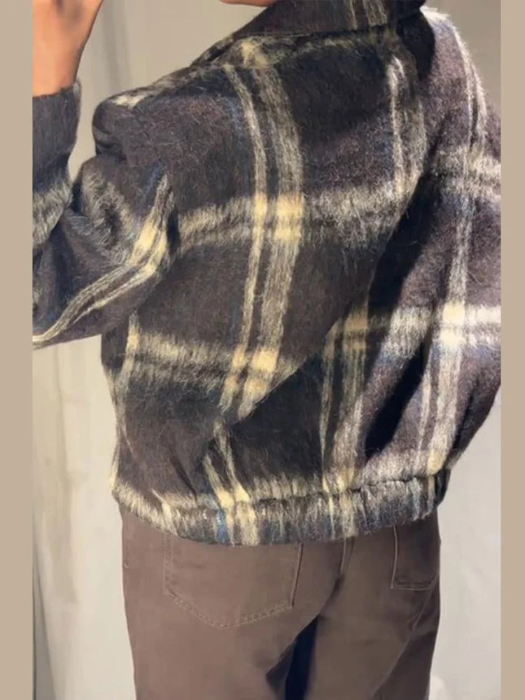 Plaid Rundhals Frauen Kurze Jacke Elegante Oversize Volle Ärmel Zweireiher Mantel 2024 Neue Herbst Winter Pendeln Outcoat Top