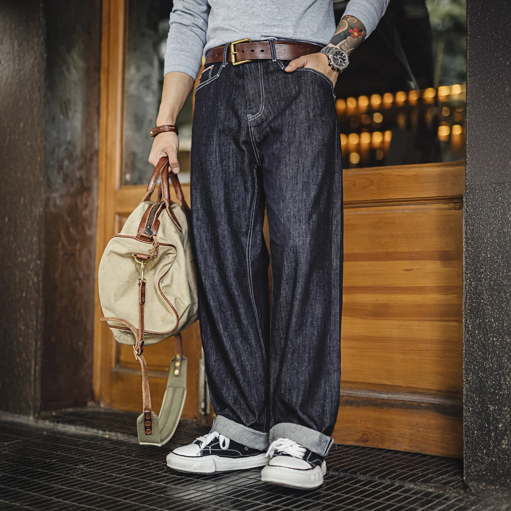 Maden Vintage 12oz One-Washed Denim Jeans für Herren, gerade Hose mit weitem Bein, lockere Passform, Freizeithose mit Reißverschluss für Herbst und Winter