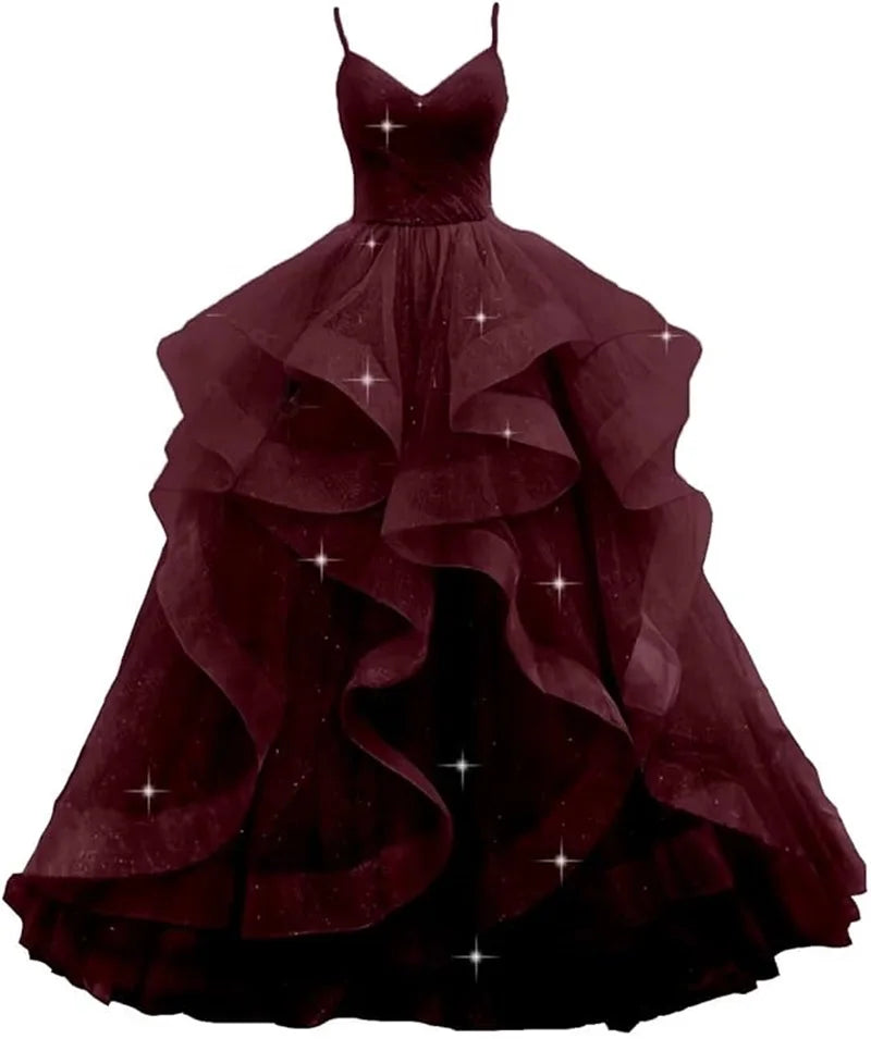 Maßgeschneiderte glitzernde Tüll-Abschlussballkleider, Spaghettiträger, Ballkleider für Frauen, bauschiges, abgestuftes, formelles Abend- und Partykleid