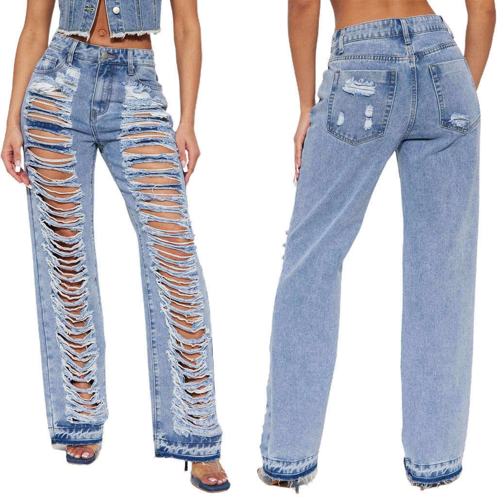 Angebot ,Jeans Frauen Denim Hose Lange Flare Hosen Loch Mom Jeans Slim Fit Hohe Taille Y2k Streetwear Splice Gerade Hosen Party Club