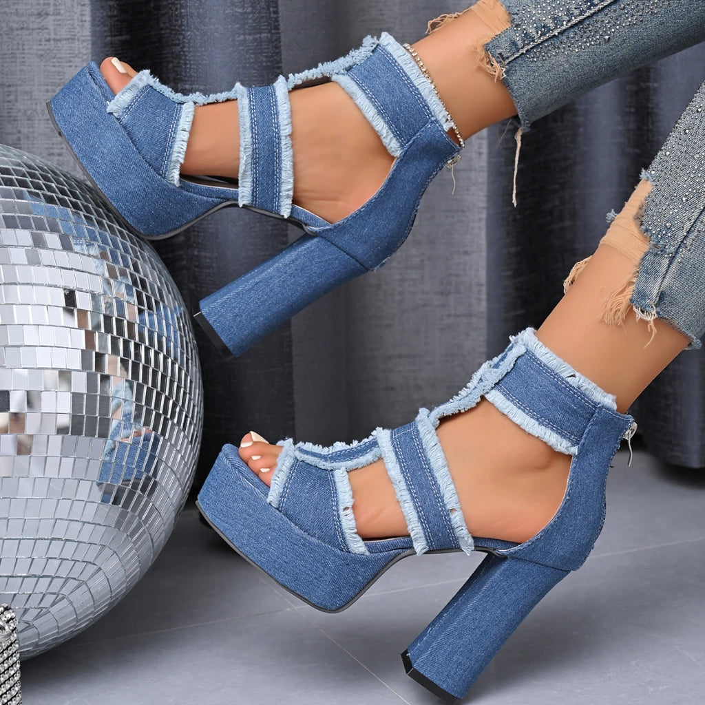 Sommer Frauen Sandalen Neue Plattform Blau Denim Ankle Strap High Heels Schuhe für Frauen Mode Im Freien Sexy Peep Toe Sandalen Frauen