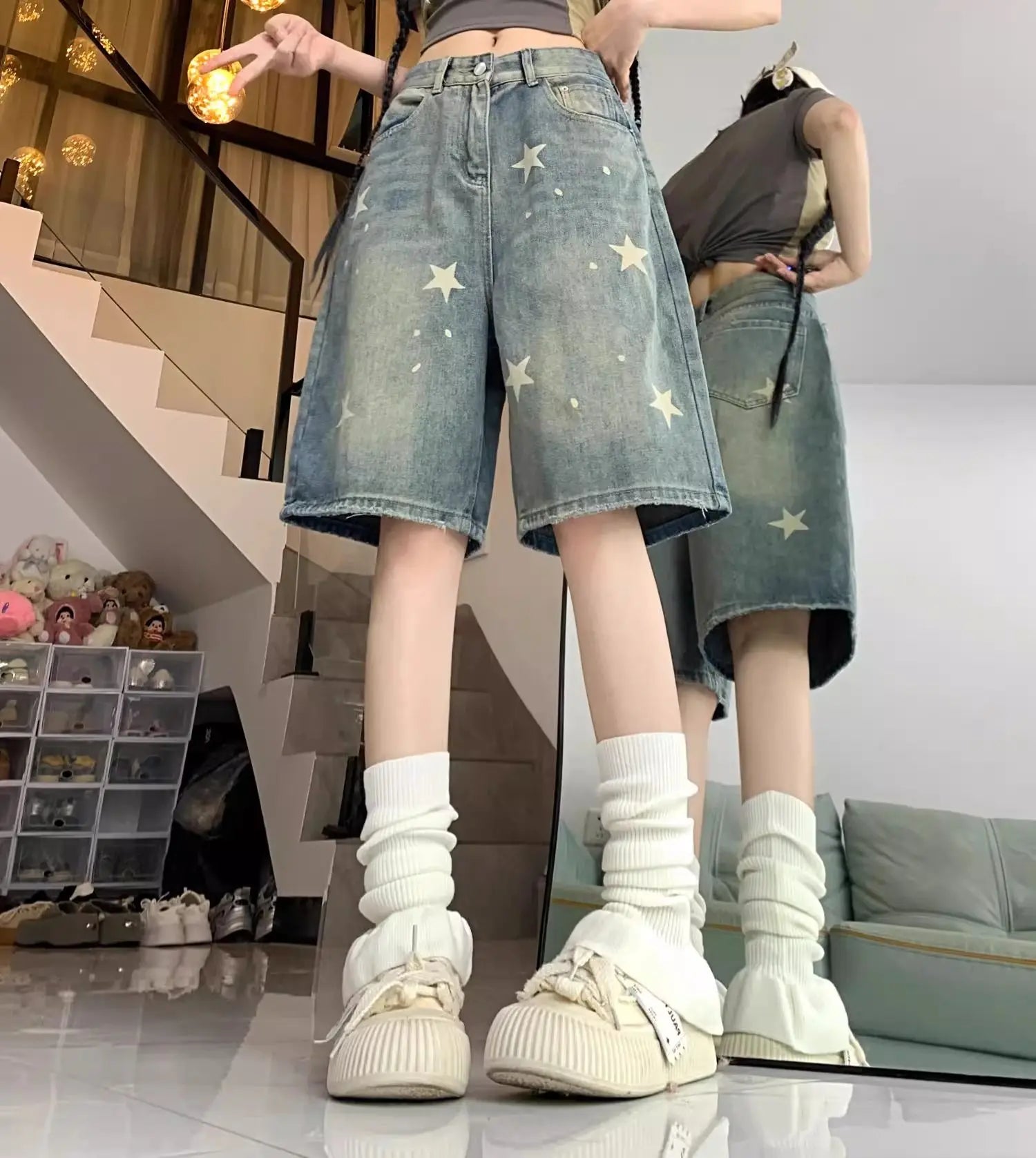 Lässige Damenjeans mit Blumendruck, lockerem, weitem Bein, New American Retro Star Design, gerades Bein, bequeme Stretch-weiche Denim-Shorts