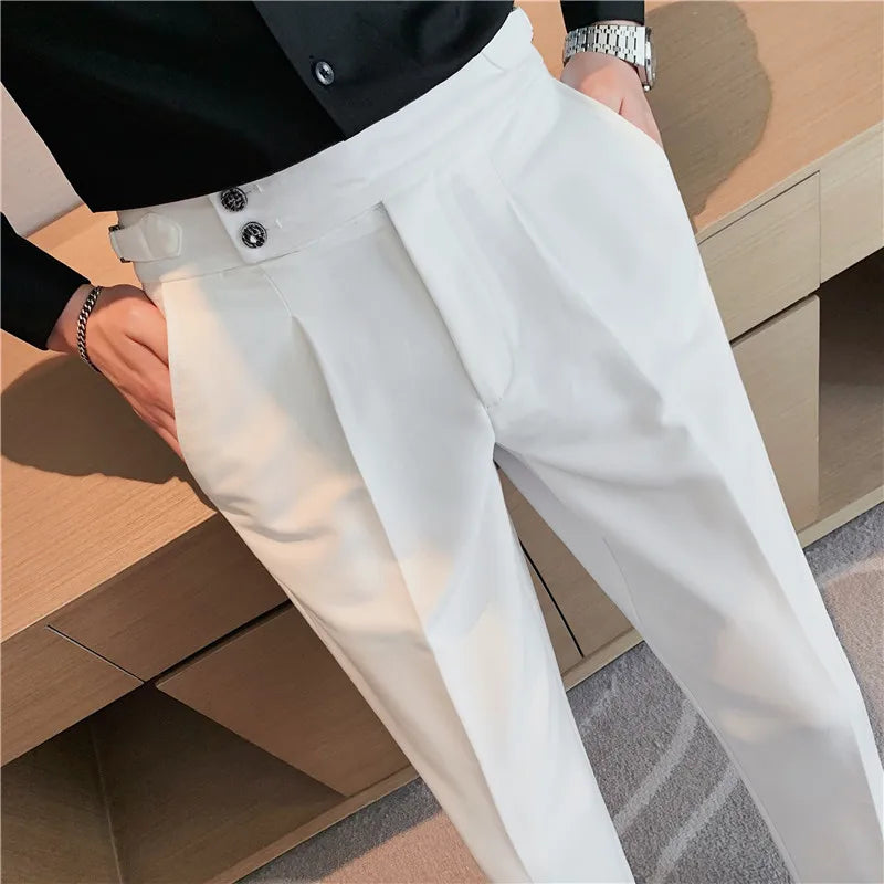 2026 Frühling Herbst Männer Hohe Taille Gürtel Design Beiläufige Dünne Formale Kleid Hose Männer Sozialen Büro Hochzeit Party Kleid Anzug Hosen