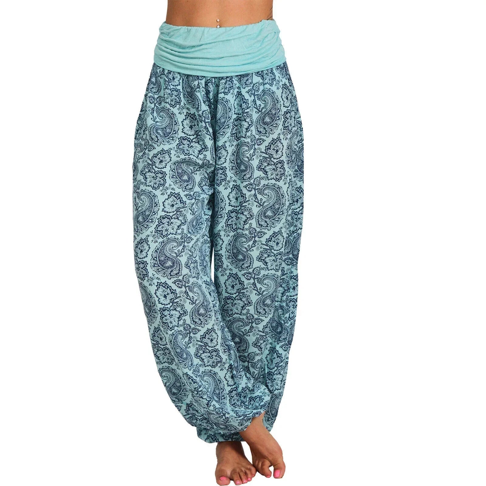Damen Boho Haremshose – weites Bein, Vintage-Print, elastische Taille