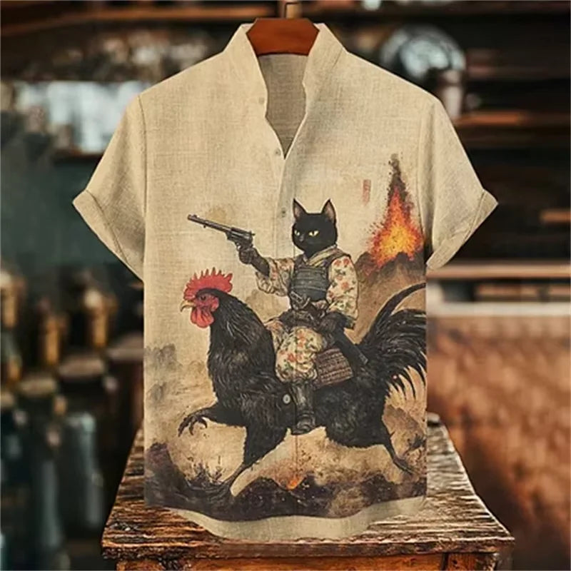Herren-Retro-Katzenhemd mit lustigem Kalligrafie-Dinosaurier-Vulkaneruption-Print, kurzärmelig, Urlaubsmode, Vintage japanische Kleidung