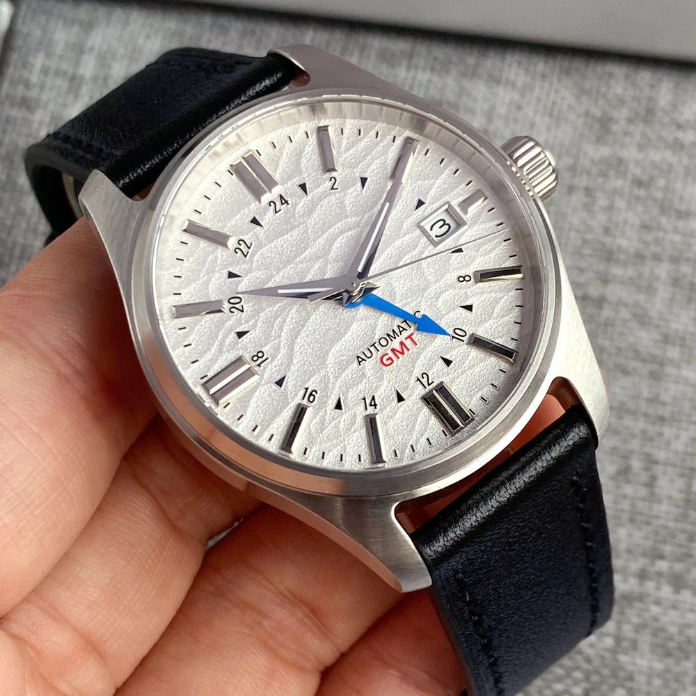Tandorio Japan NH34 automatische mechanische Uhr für Herren, Taucher-GMT-Uhrwerk, 200 m wasserdicht, 39 mm Saphirglas-Lederband